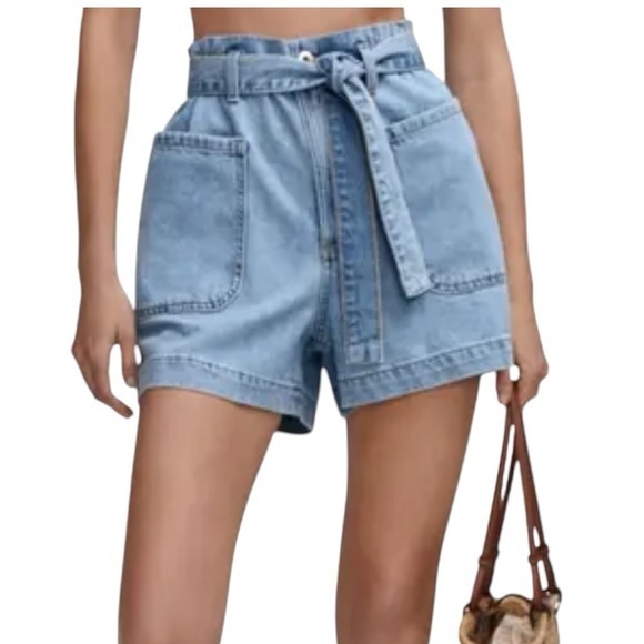 MANGO Paper Bag Denim Shorts Light Wash Tie Belt Size Small - Picture 1 of 13